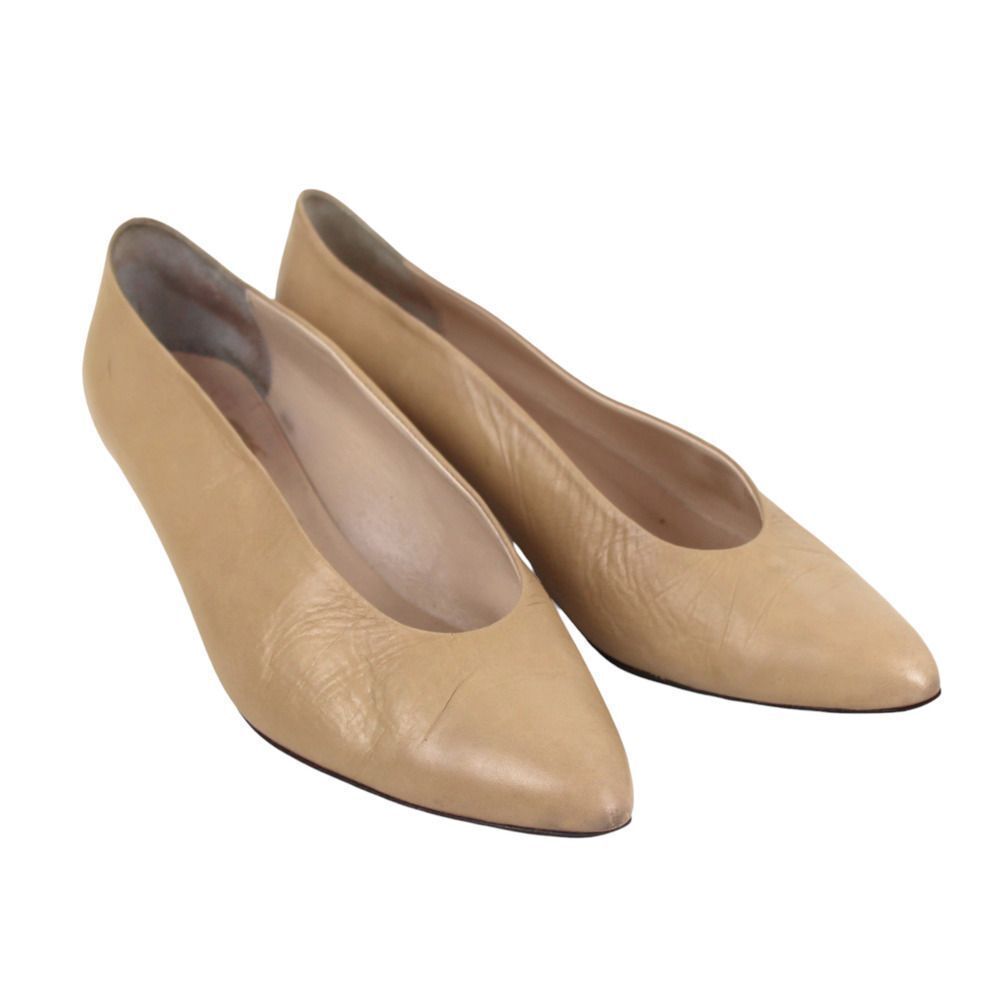 VTG Paloma ITALY BEIGE REAL LEATHER LOW HEEL POINTED CLASSIC PUMP SHOES Sz 9.5